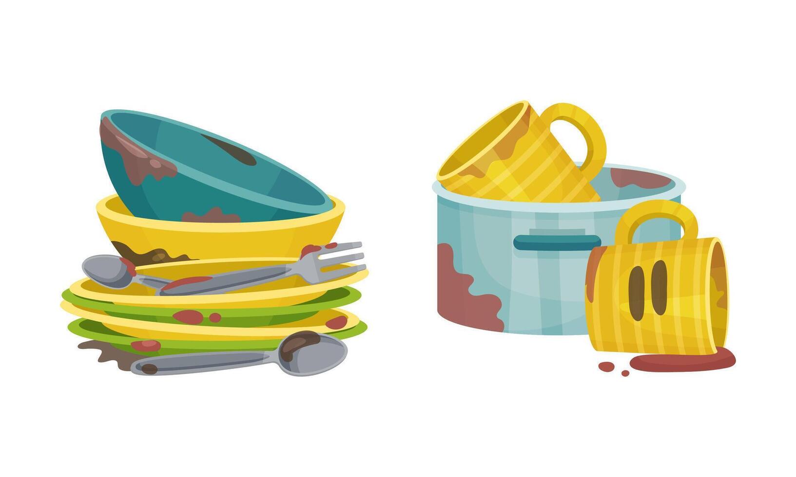 Dirty dishes set. Restaurant or household kitchenware utensils, unwashed plates, mugs and saucepan illustration vector