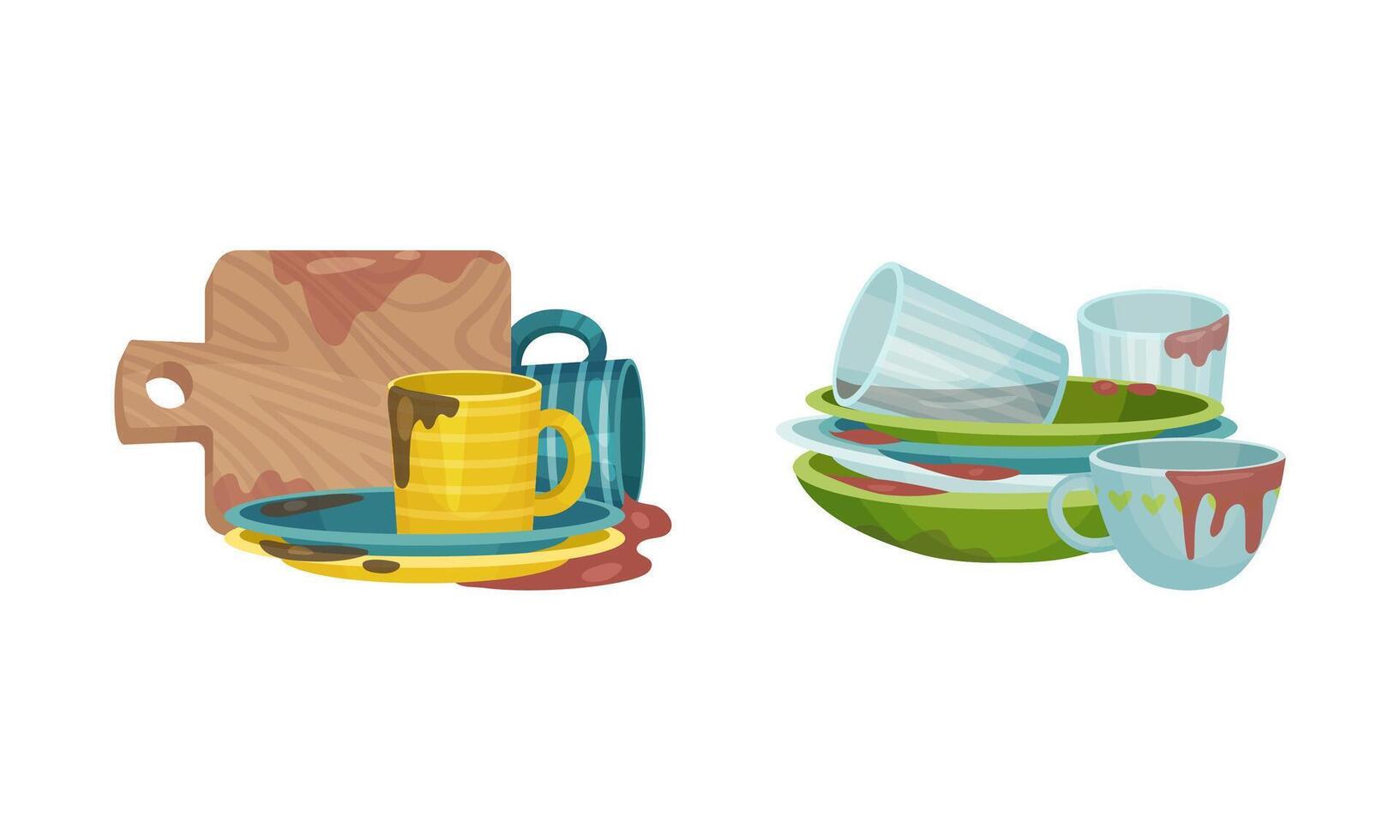 Dirty dishes set. Restaurant or household kitchenware utensils, unwashed mugs, cutting board and plates illustration vector