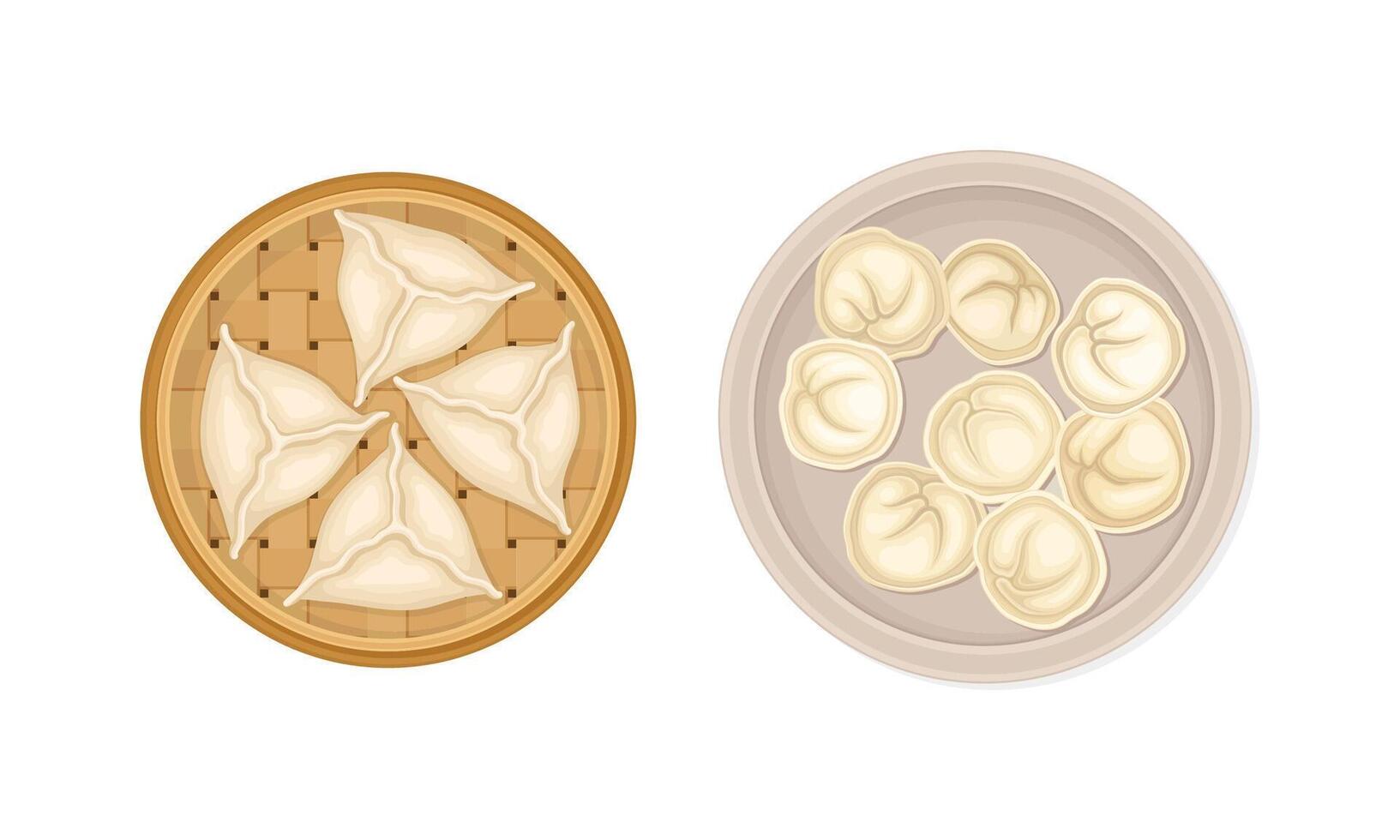 Set of uncooked dumplings on plates. Dough stuffed with meat or vegetables illustration vector