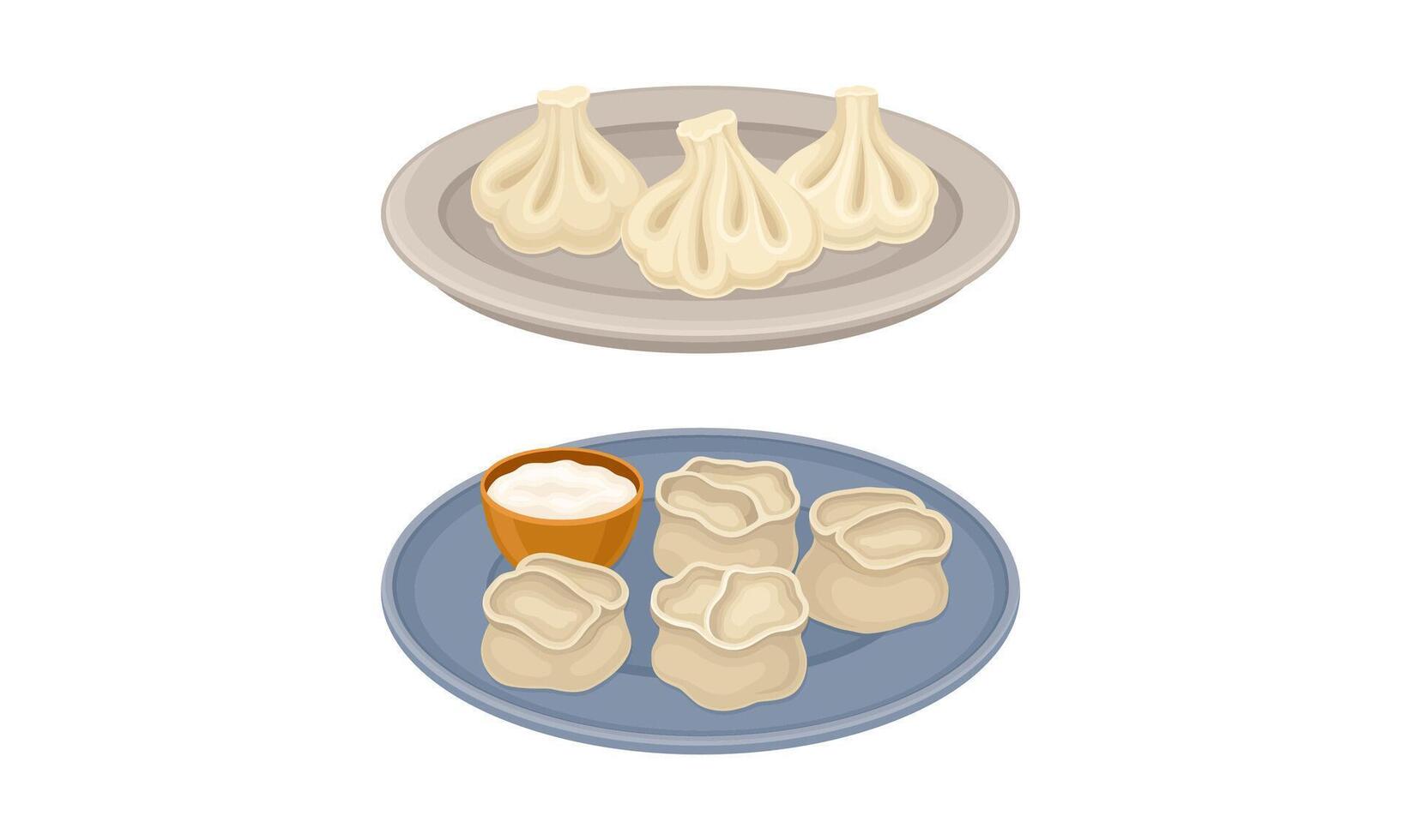 Set of dumplings on plates. Khinkali and manti, dough stuffed with meat or vegetables illustration vector