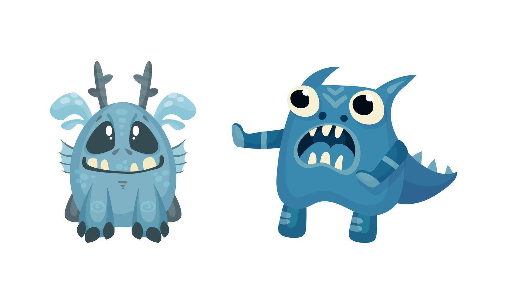 Cute colorful monsters set. Cartoon blue mutants characters with funny faces illustration vector