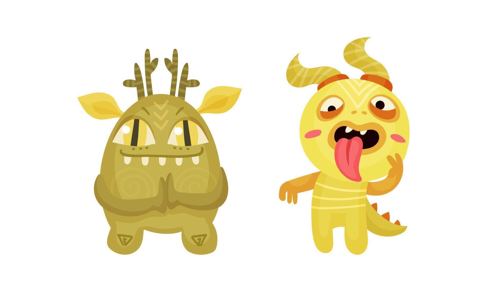 Cute monsters set. Cartoon khaki mutants characters with funny faces illustration vector