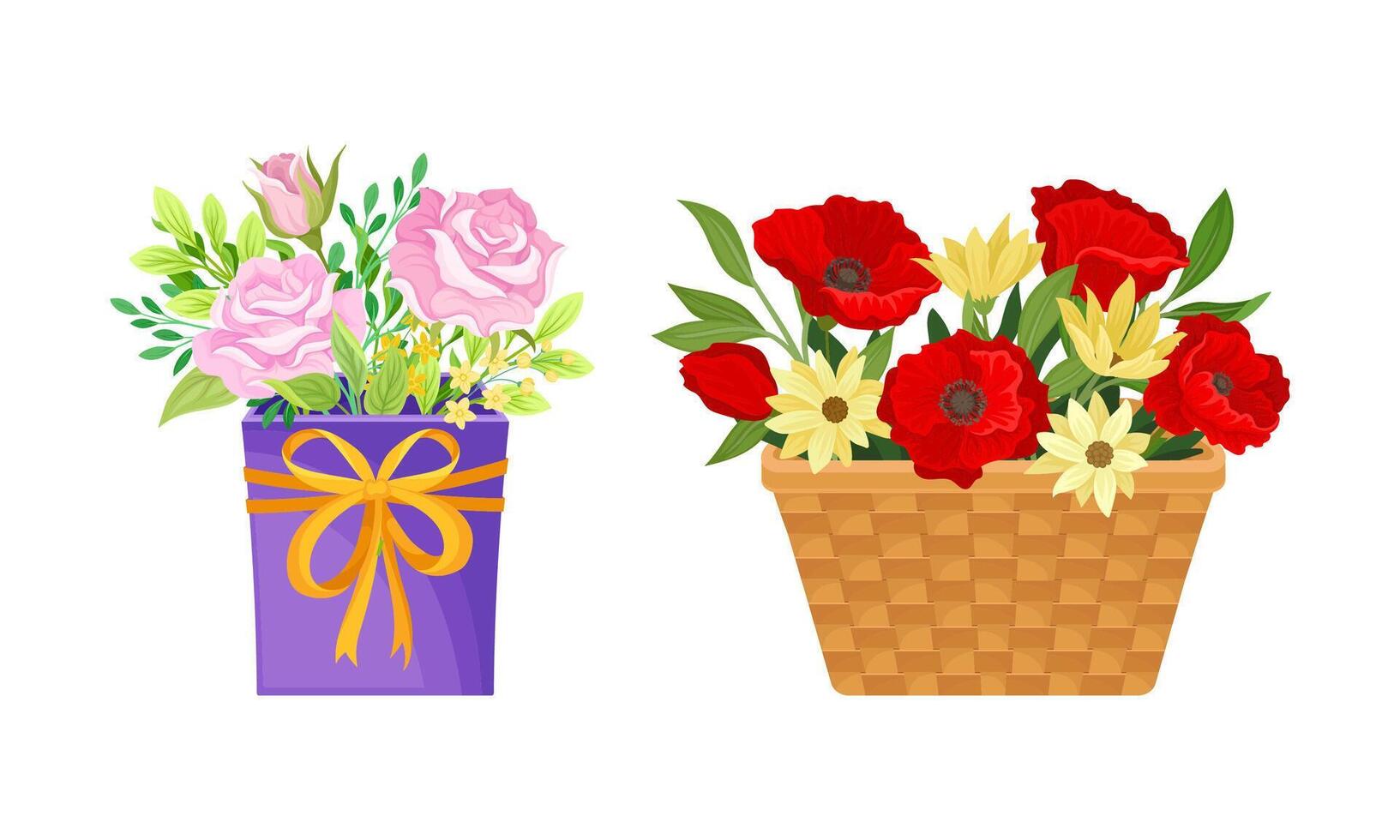 Box and basket with bouquets of beautiful flowers set illustration vector