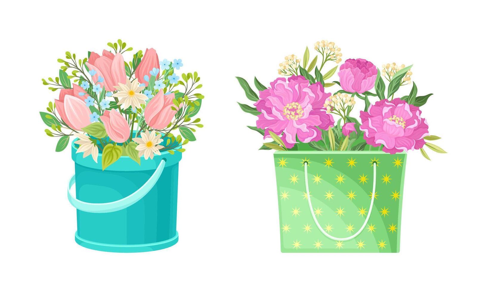Boxes with bouquet of peony and tulip flowers set illustration vector