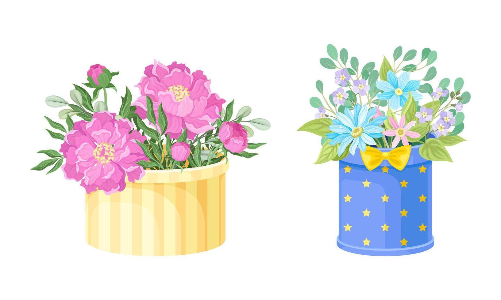 Boxes with bouquets of beautiful flowers set illustration vector