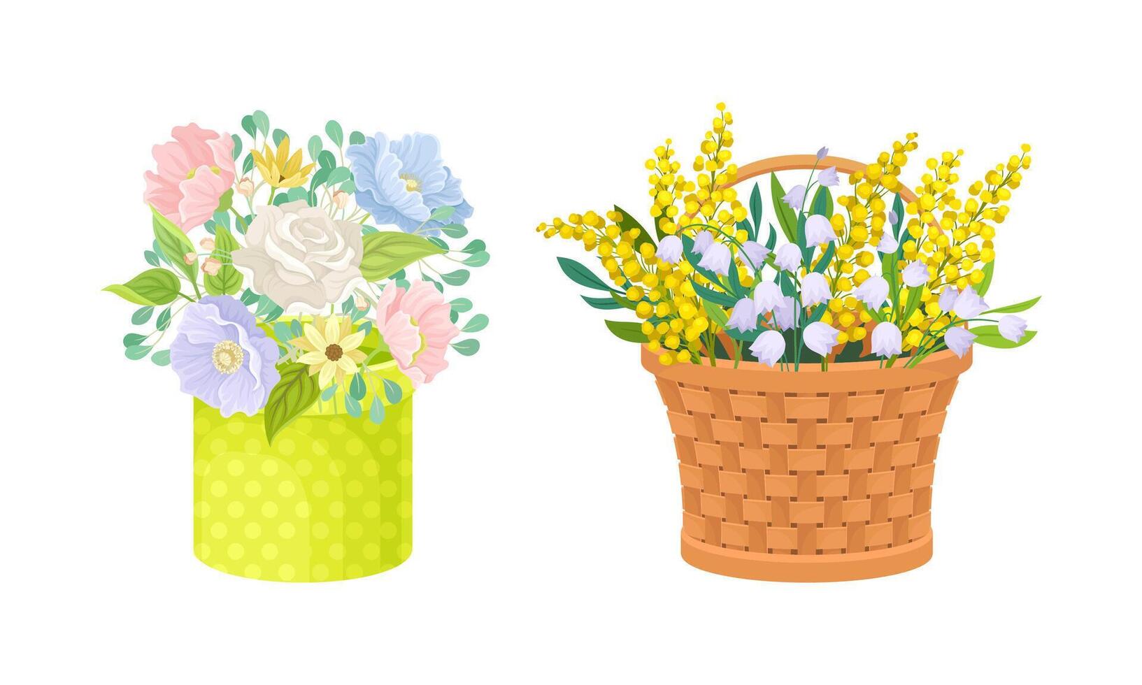 Beautiful spring flowers in box and basket set illustration vector
