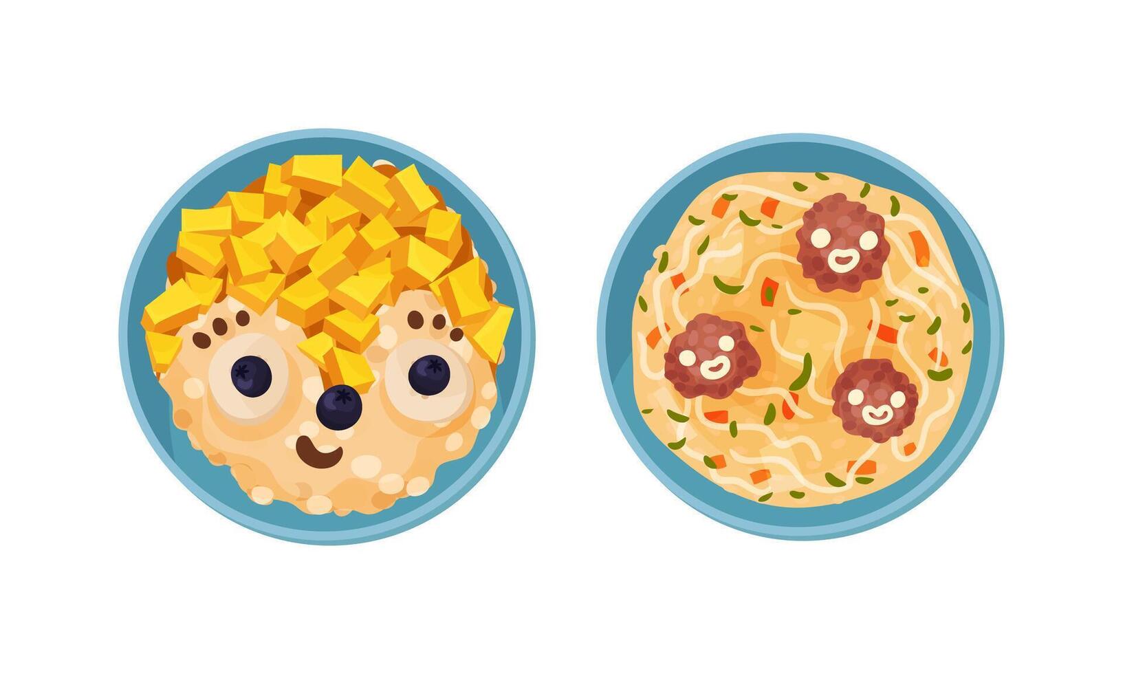 Creative childish dishes serving on plates set. Tasty food for dinner illustration vector