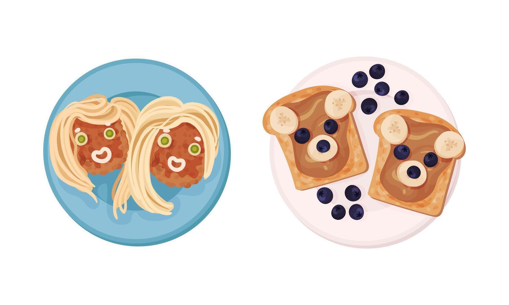 Creative childish dishes serving on plates set. Tasty food for breakfast illustration vector