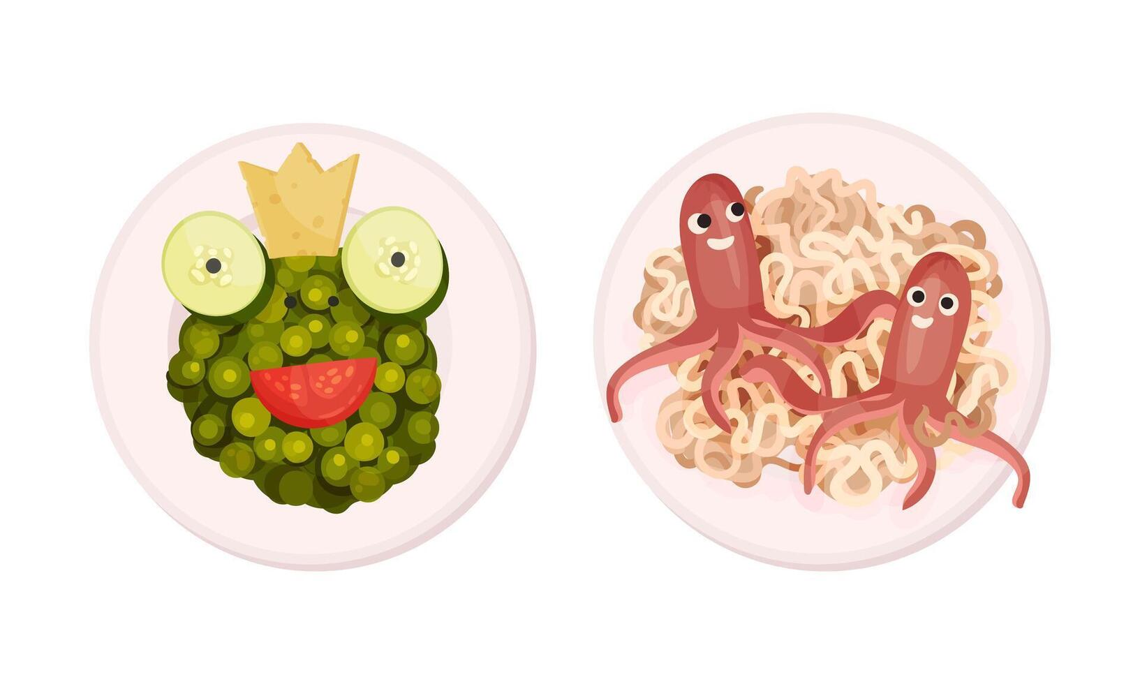 Top view of creative childish dishes serving on plates set illustration vector