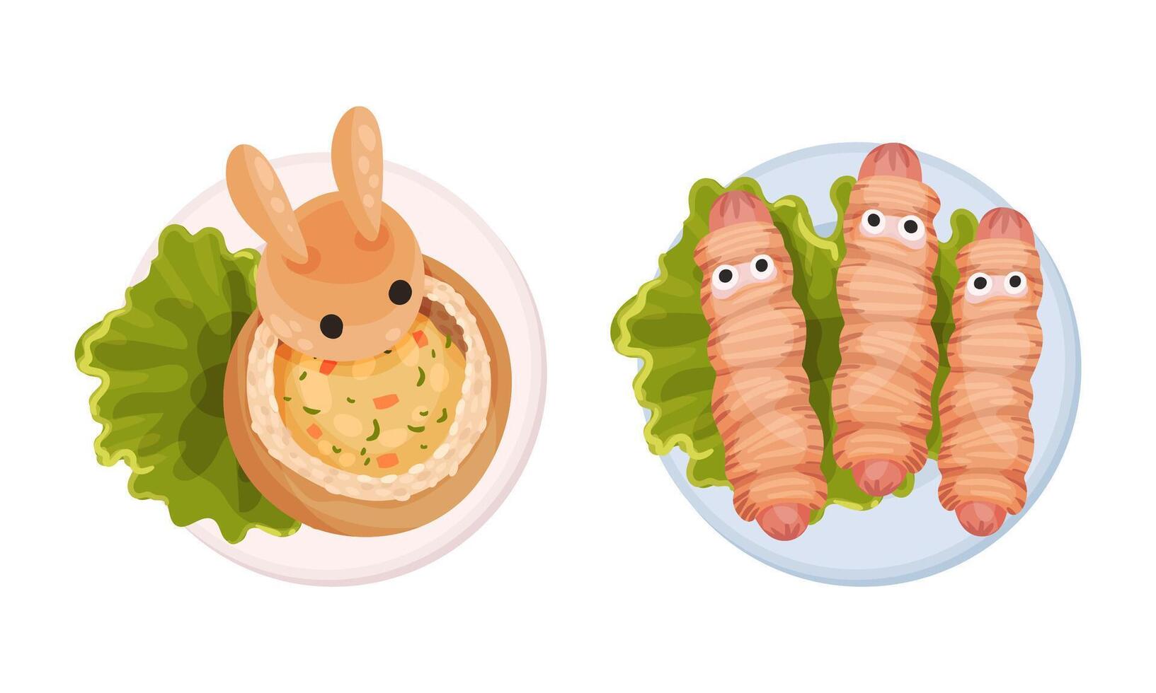 Top view of creative dishes for kids serving on plates set illustration vector