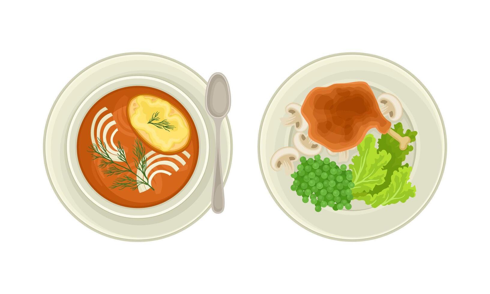 Top view of European cuisine traditional dishes serving on plates set illustration vector