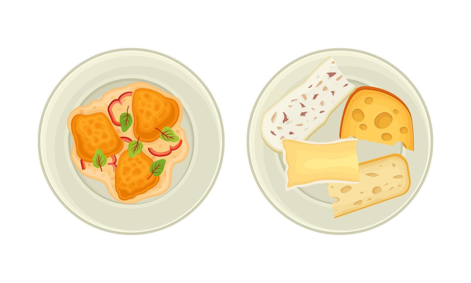 Top view of French cuisine traditional dishes serving on plates set illustration vector