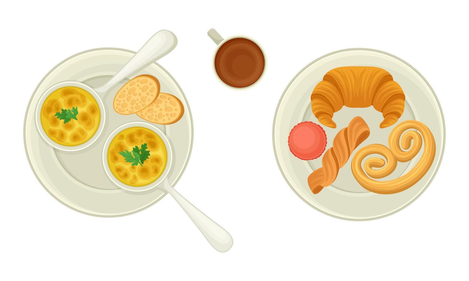Top view of French cuisine traditional dishes on plates set illustration vector