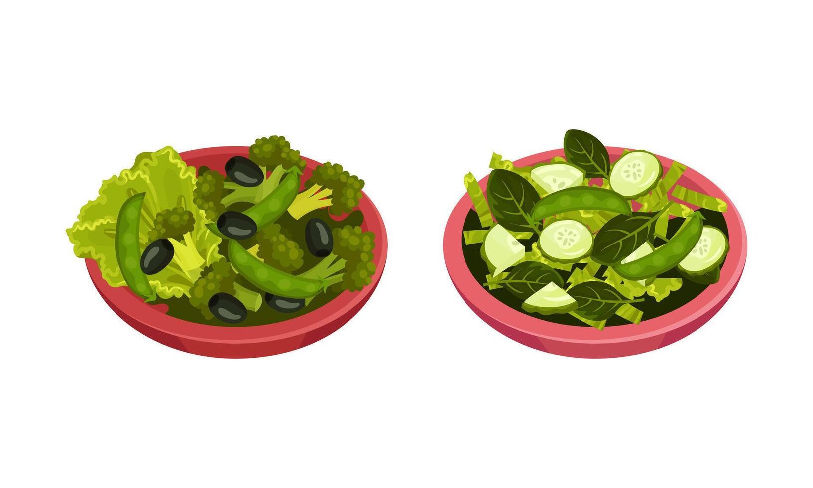 Fresh green salad with vegetables and herbs in ceramic bowls set. Fresh and healthy vegetarian food illustration vector