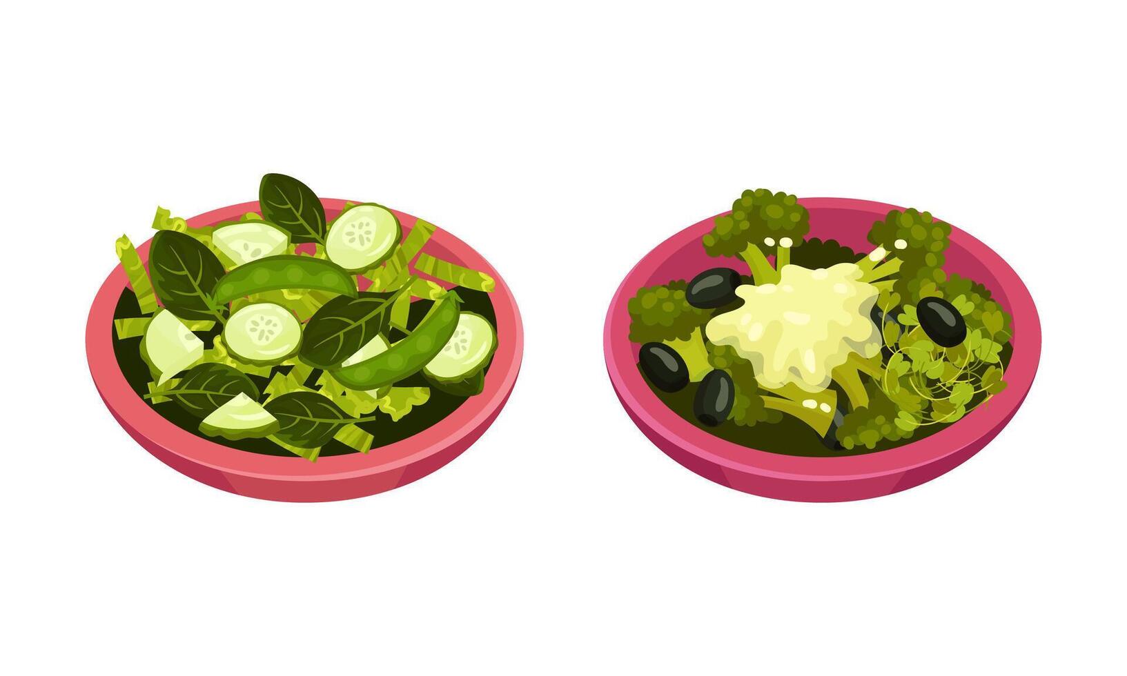Fresh green salad with vegetables and herbs served on plates set. Fresh and healthy vegetarian food illustration vector