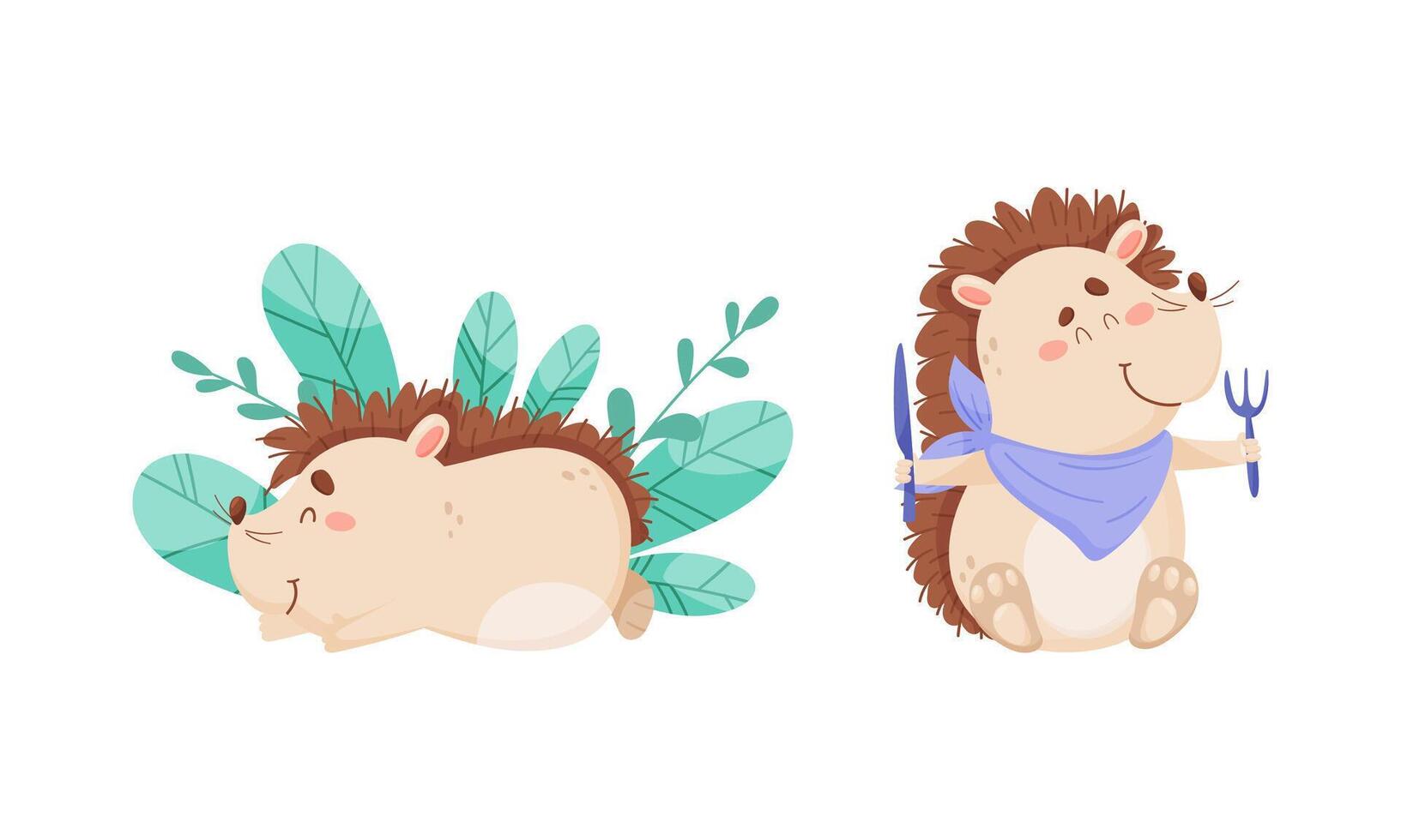 Cute funny hedgehog character activities set. Adorable baby animal sleeping among grass and eating with fork and knife cartoon illustration vector