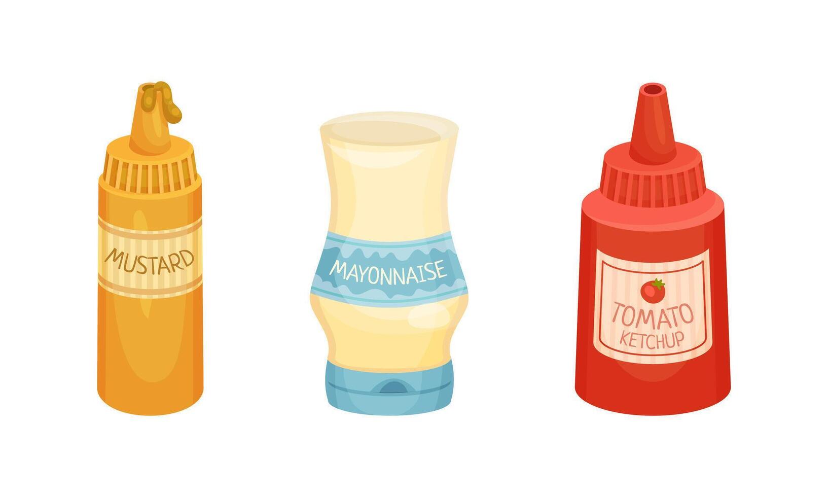 Mustard, ketchup and mayonnaise sauces bottles illustration vector