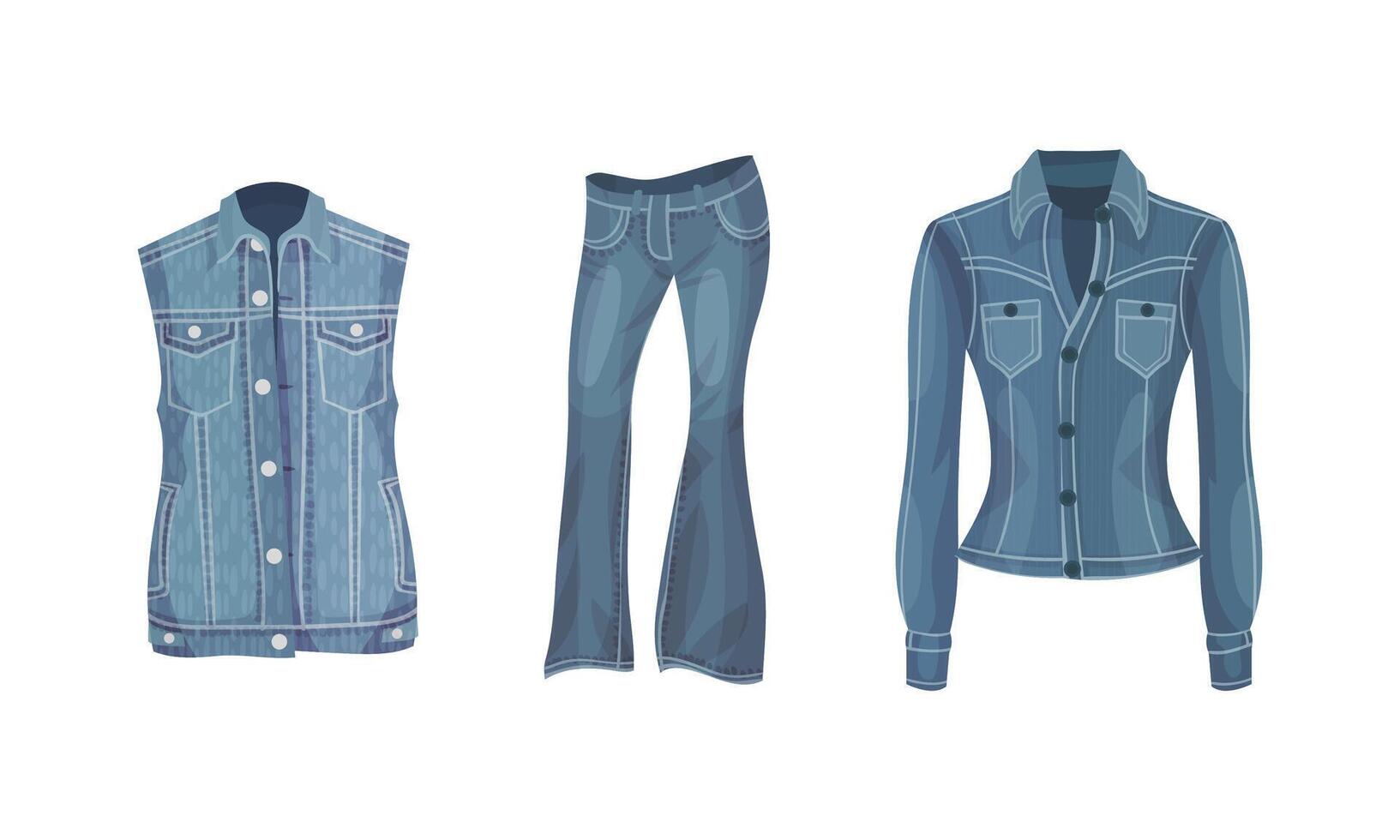 Fashionable denim clothes set. Vest, jeans and jacket female blue jean casual outfit illustration vector
