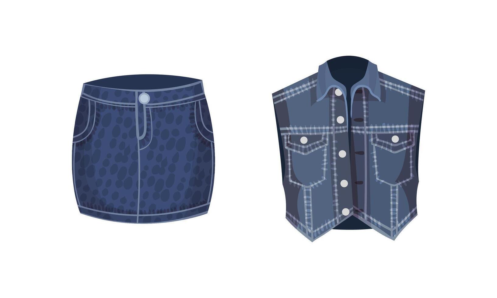 Fashionable skirt and vest denim clothes set. Female blue jean casual outfit illustration vector