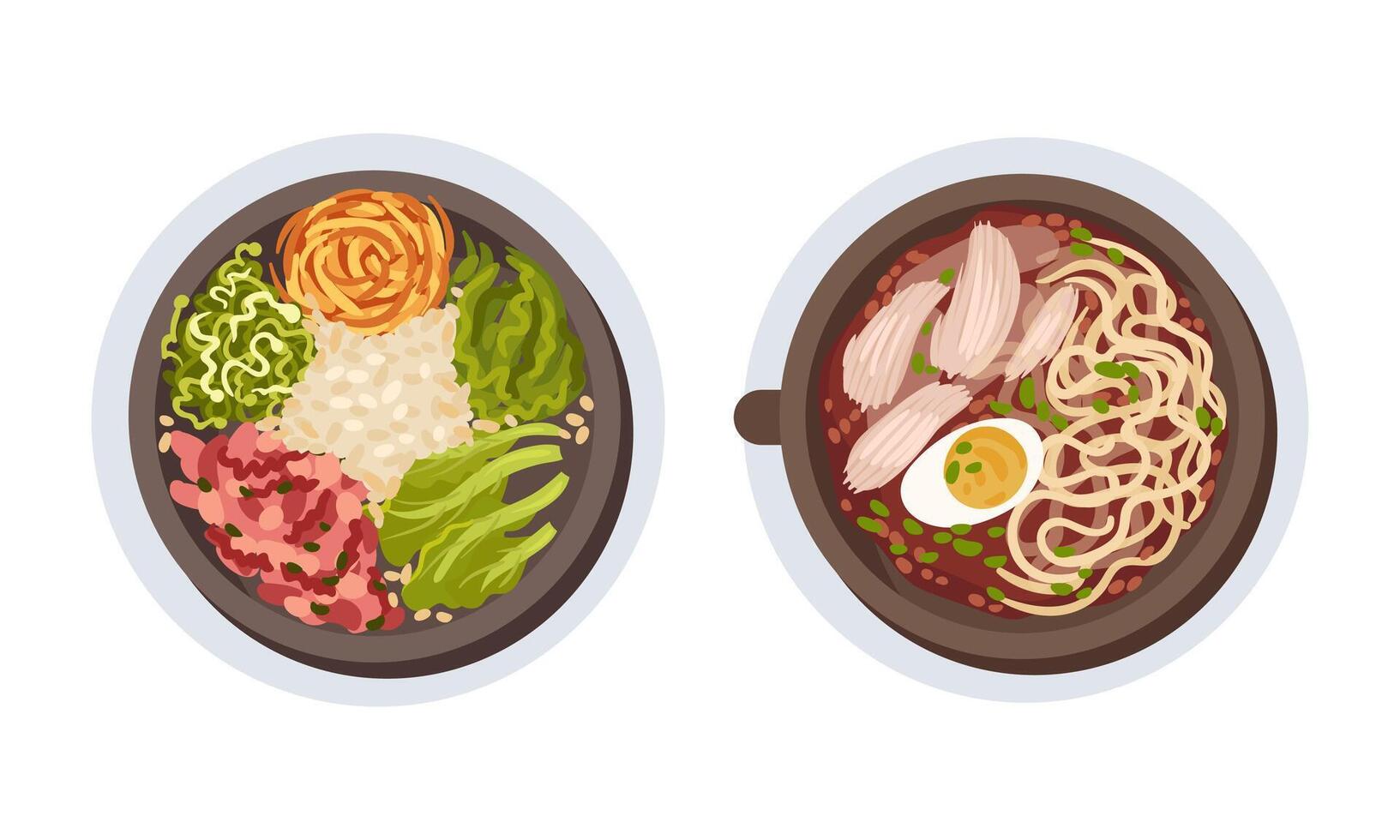 Top view of tasty healthy dishes served on plates set illustration vector
