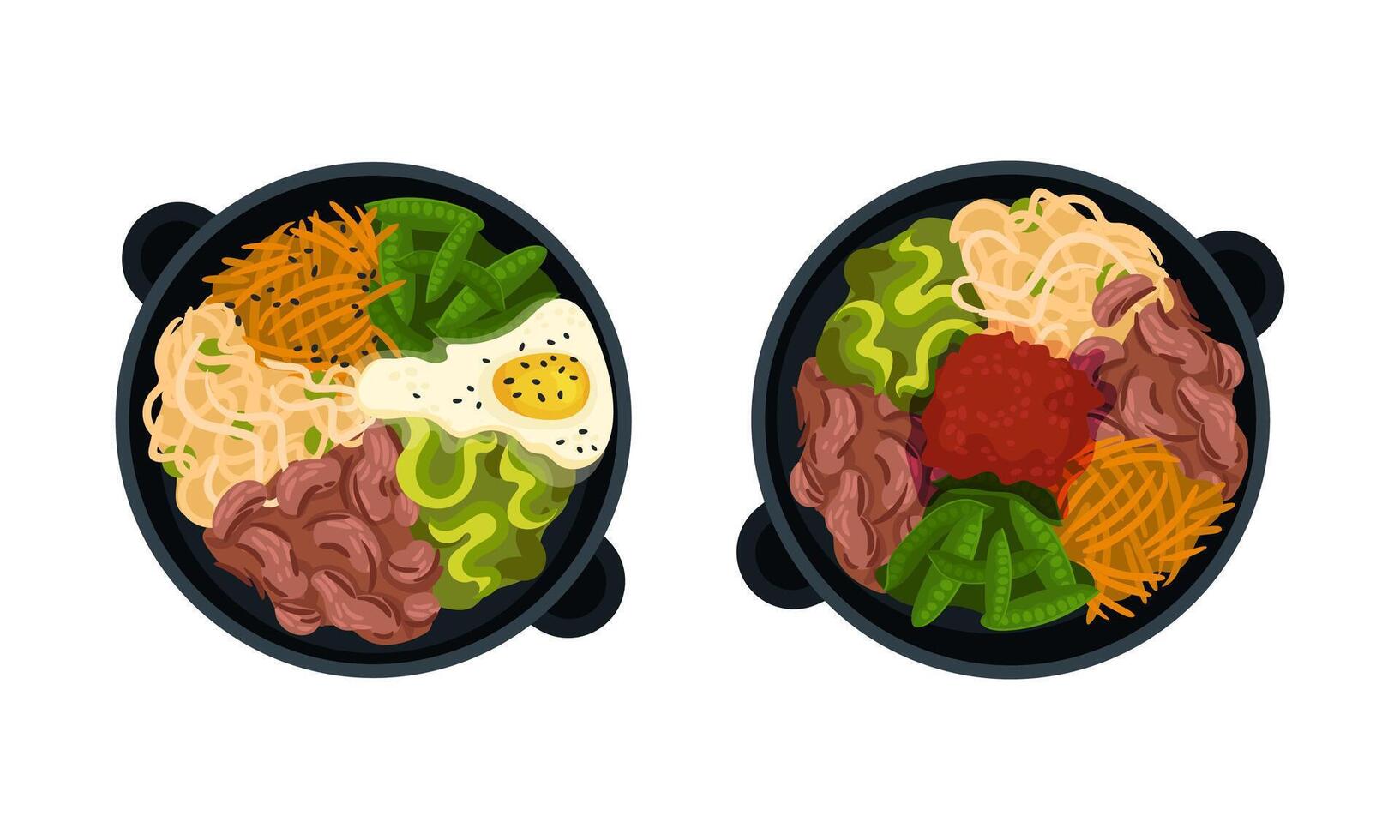 Top view of tasty dishes served on frying pans set illustration on white background vector