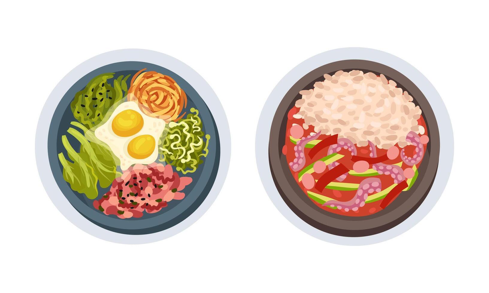 Top view of tasty healthy nutritious dishes served on plates set illustration vector
