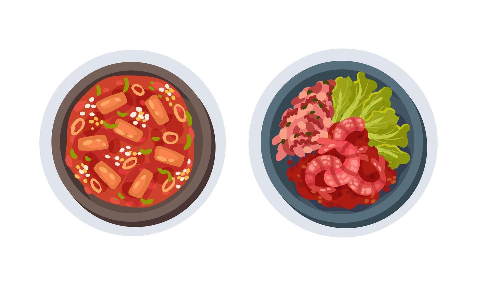 Top view of tasty dishes served on plates set. Pasta with tomato sauce and seafood dishes illustration vector