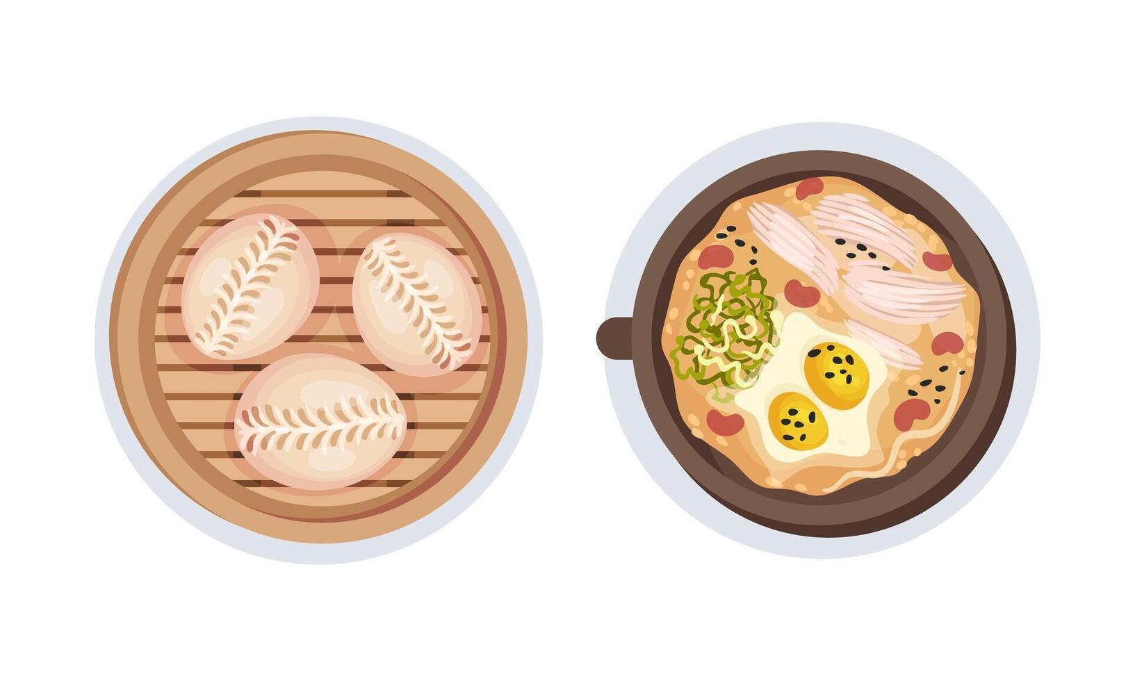 Top view of tasty traditional dishes served on plates set illustration vector