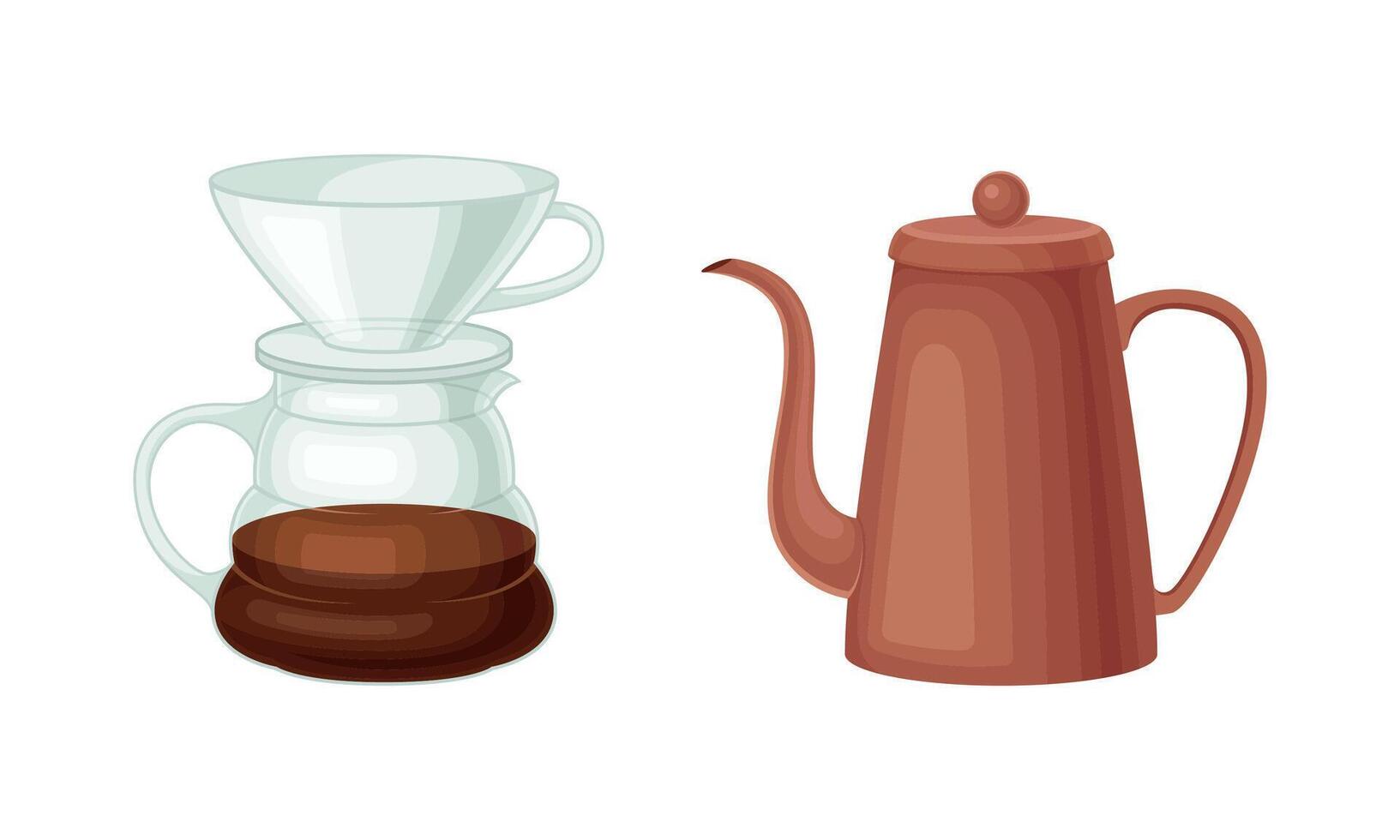 Coffee brewing equipment set. Glass coffee pot and teapot illustration vector