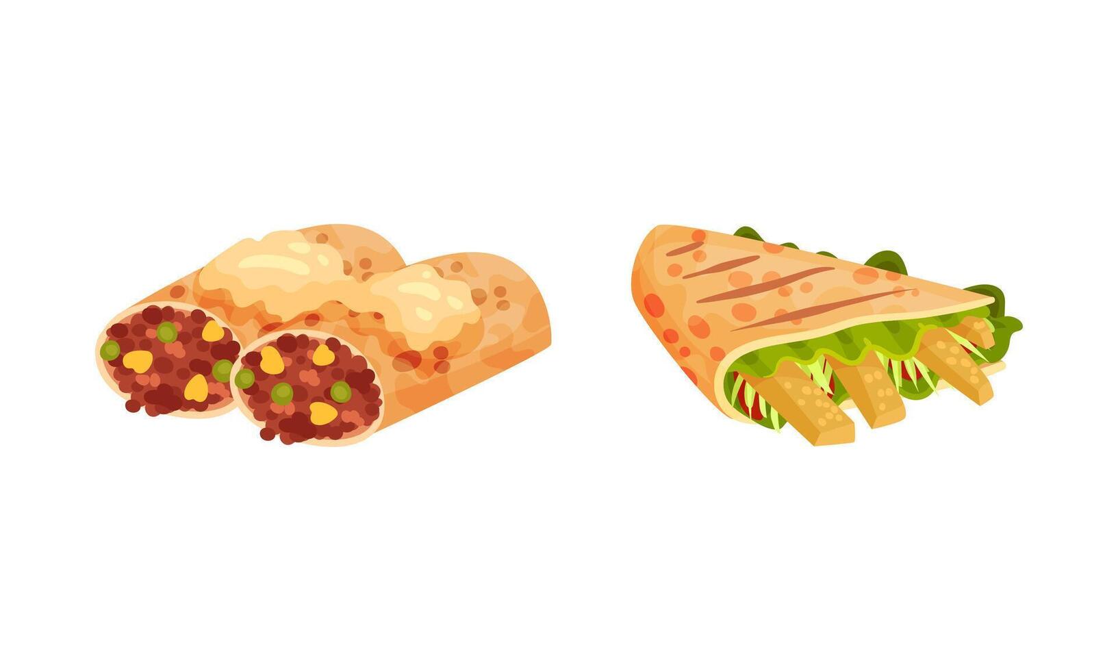 Mexican traditional food set. Burritos corn wrap with lettuce, tomato, cheese, chicken meat and chili beans illustration vector