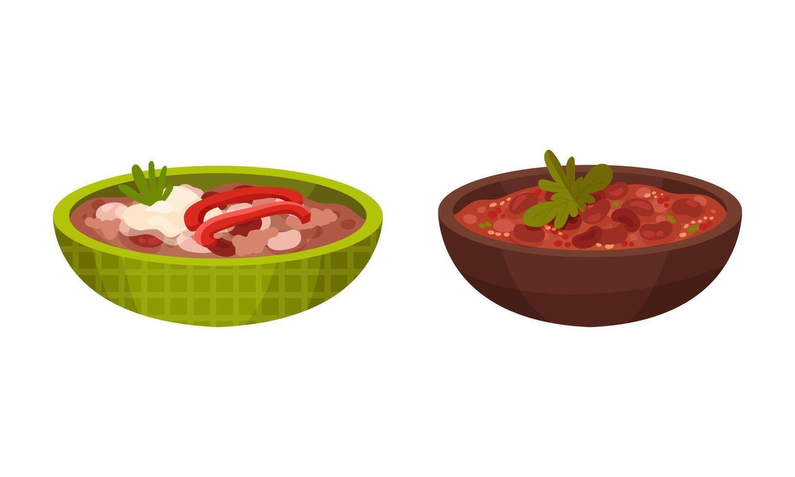 Mexican traditional food set. Bowls of hot tasty dishes illustration vector