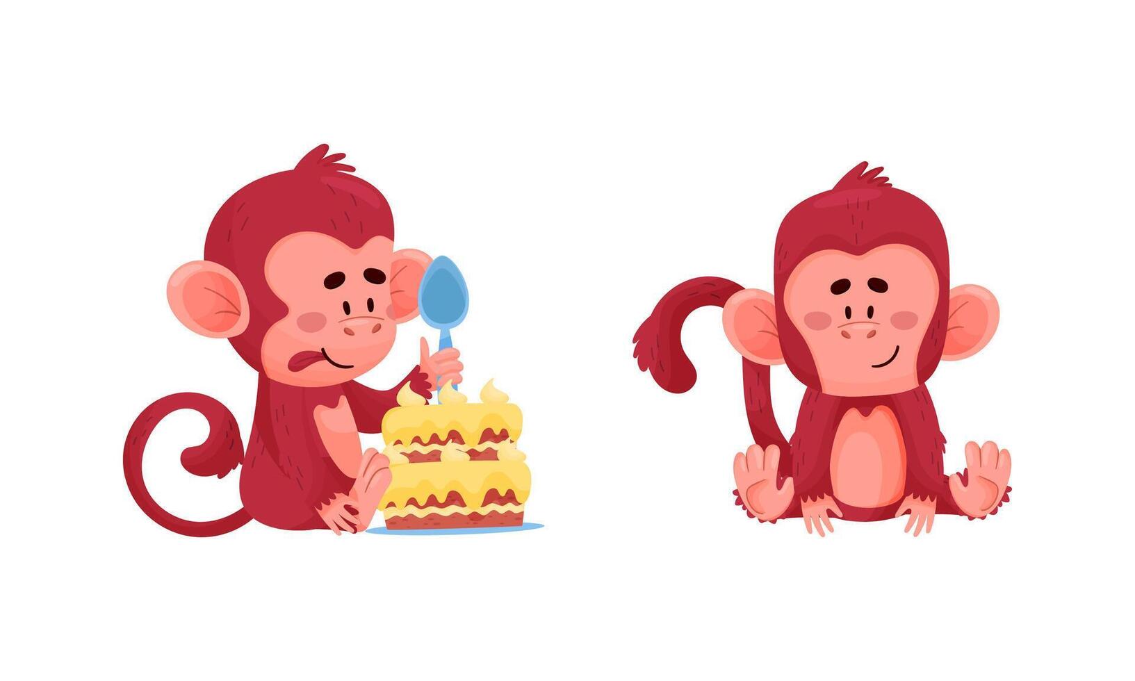 Cute funny monkeys actions set. Little baby animal characters with birthday cake illustration vector