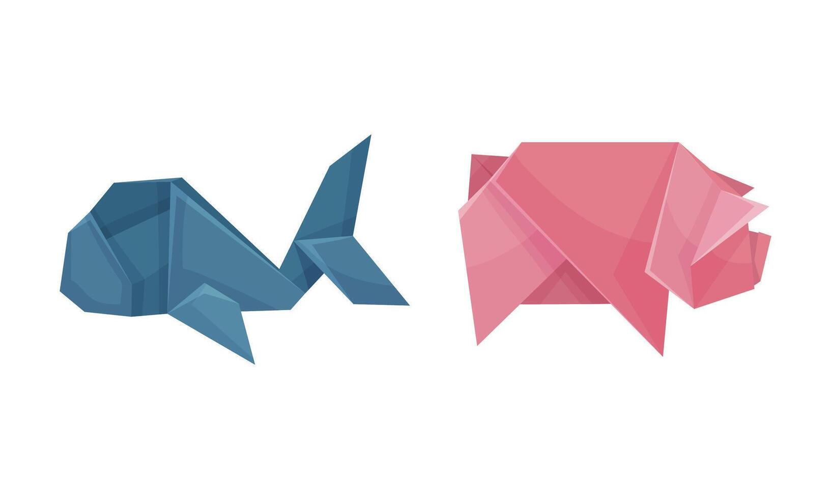 Color origami animals set. Whale and pig Japanese origami folded toys illustration vector