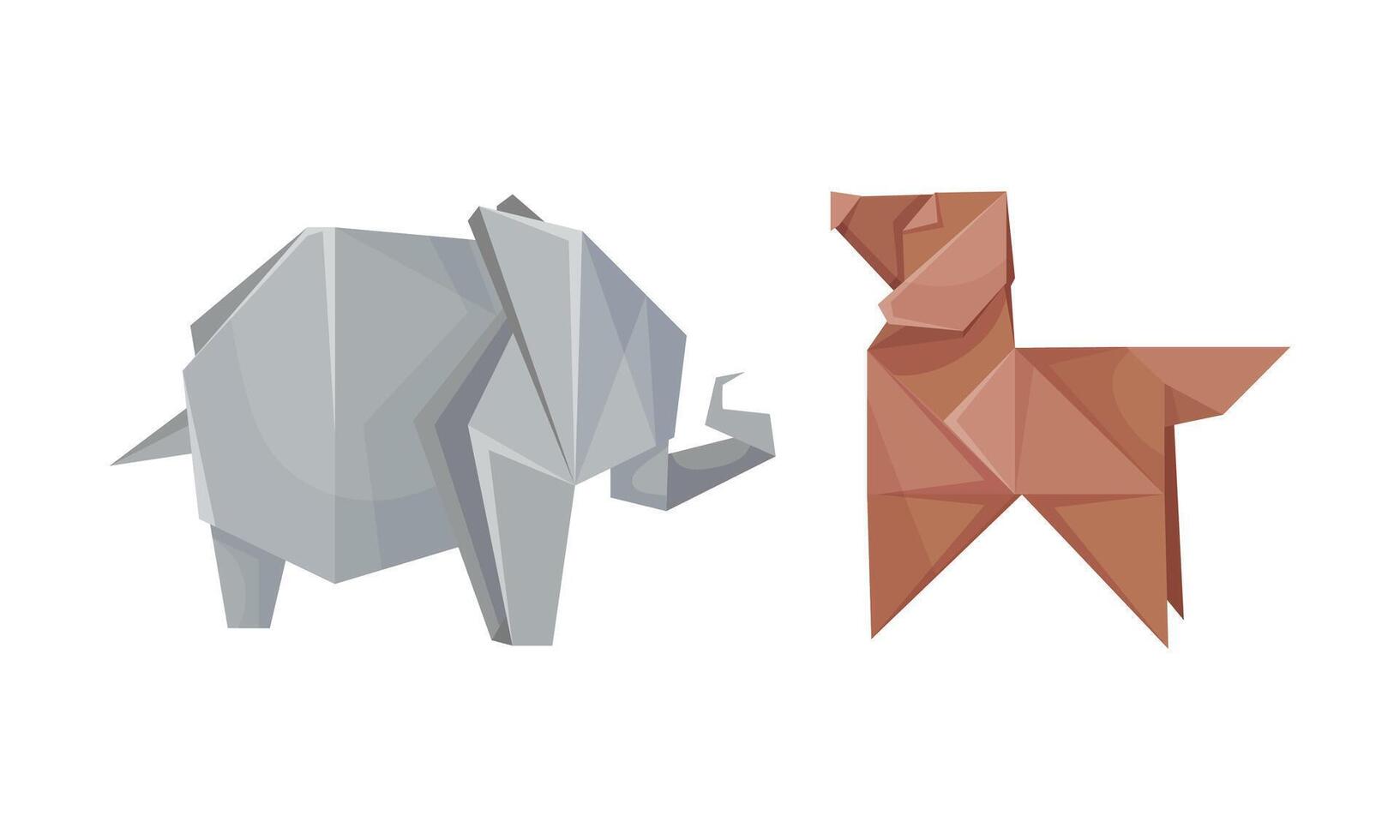 Color origami animals set. Elephant and dog Japanese origami folded toys illustration vector