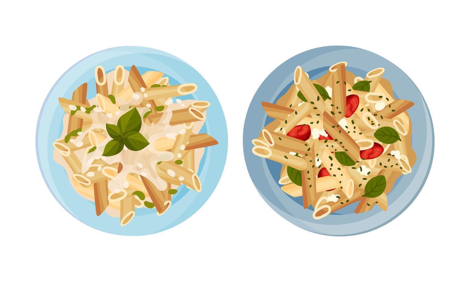 Top view of cooked pasta dishes served on plates illustration vector