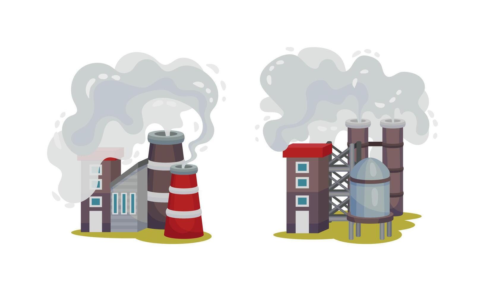 Industrial buildings set. Factory and power plants with smoke from smokestacks illustration vector