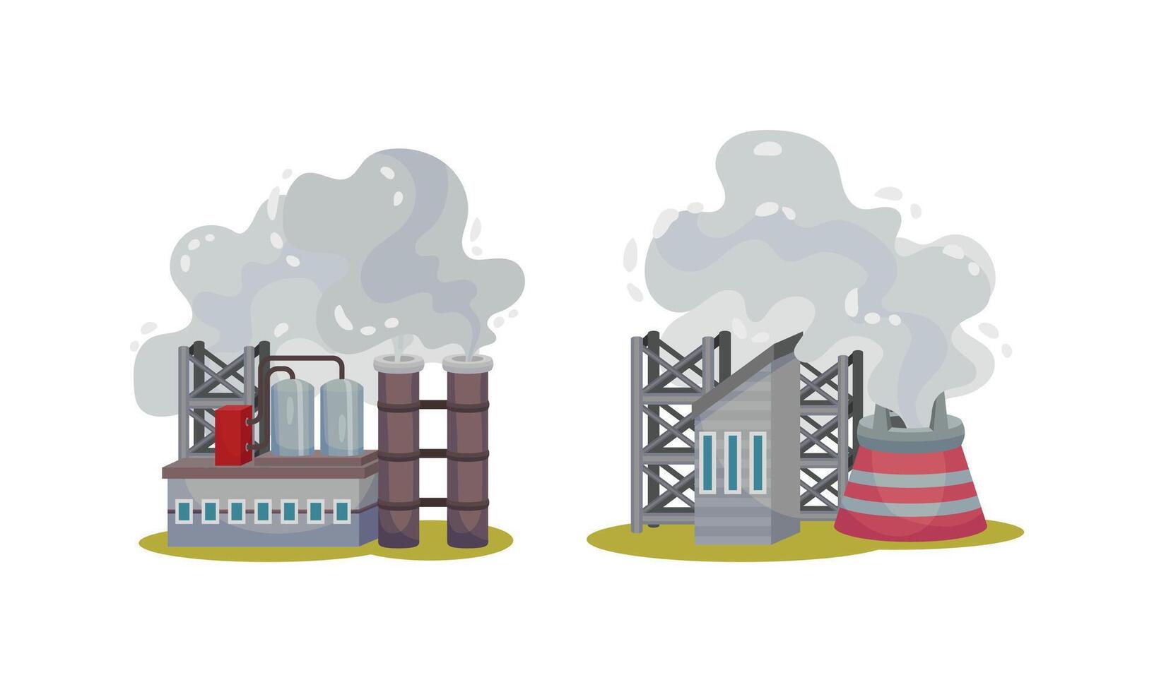 Industrial buildings set. Factory and power plants with smoking pipes polluting the air illustration vector
