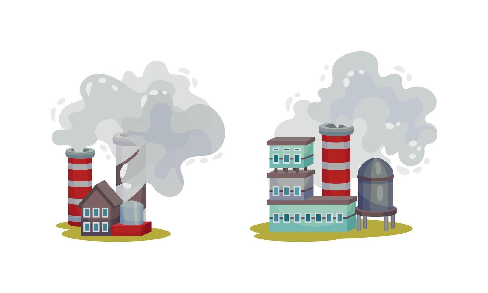 Industrial buildings set. Factory and power plants with smoke from smokestacks. Environmental protection, ecology concept illustration vector