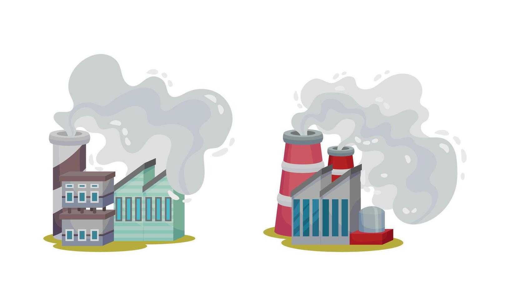 Industrial buildings with smoke from smokestacks set. Factory and power plants. Air pollution. Environmental protection, ecology concept illustration vector