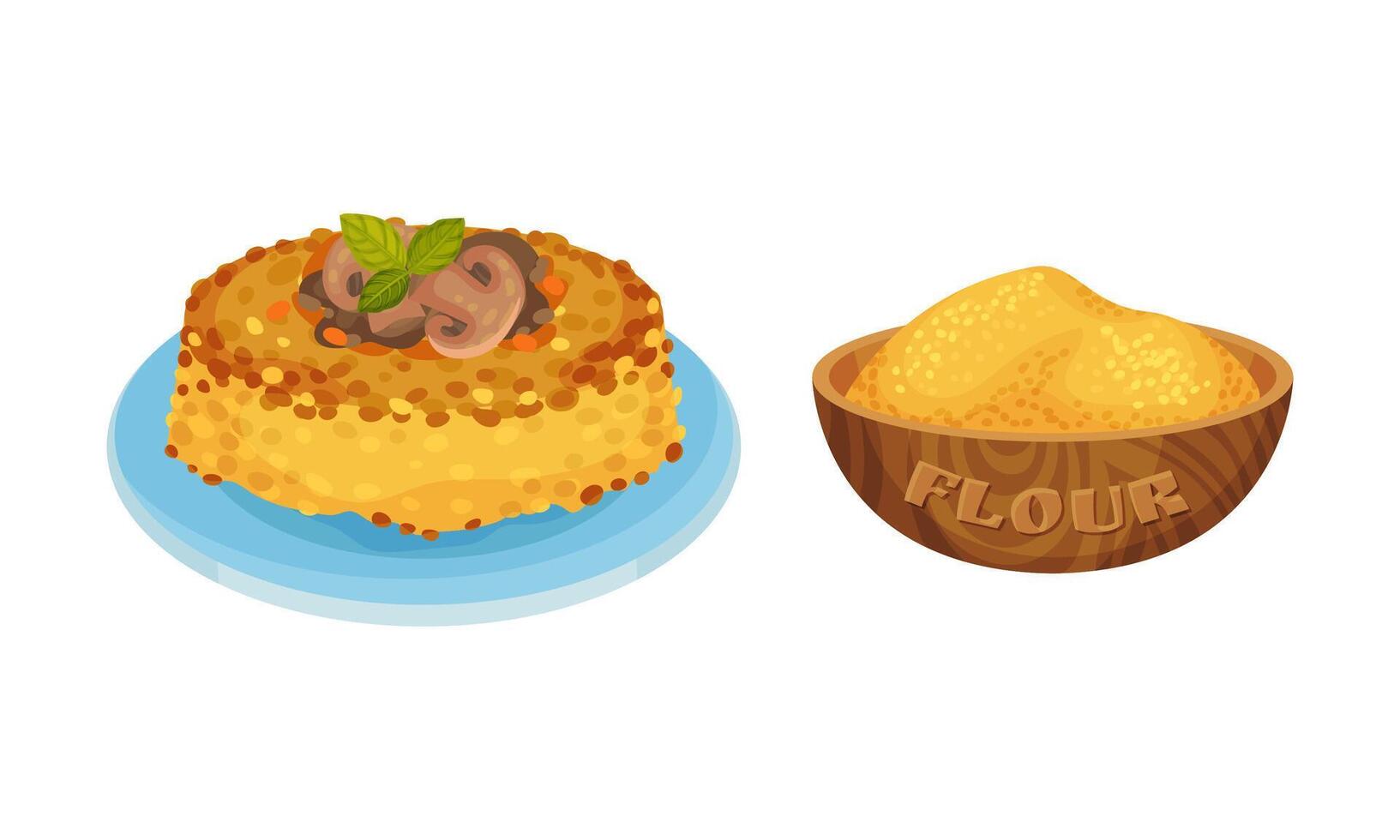 Polenta, traditional Italian cuisine food. Corn flour ingredient for pasta cooking set. illustration vector
