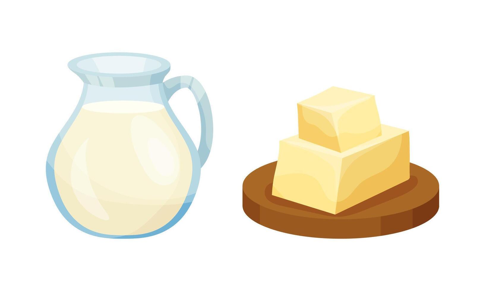 Ingredients for pasta cooking set. Glass pitcher of fresh milk and butter illustration vector