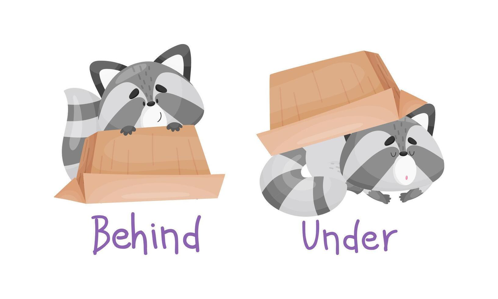 Learning English preposition set. Cute cat behind and under the box. Educational visual material cartoon illustration vector