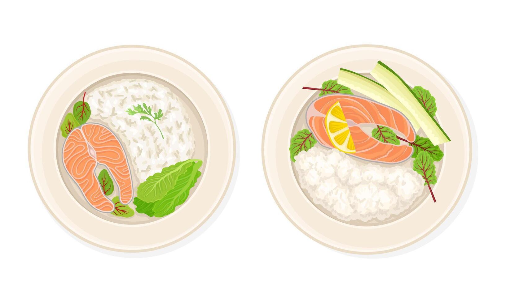 Top view of seafood dishes set. Salmon fish with rice and vegetables served on plates illustration vector