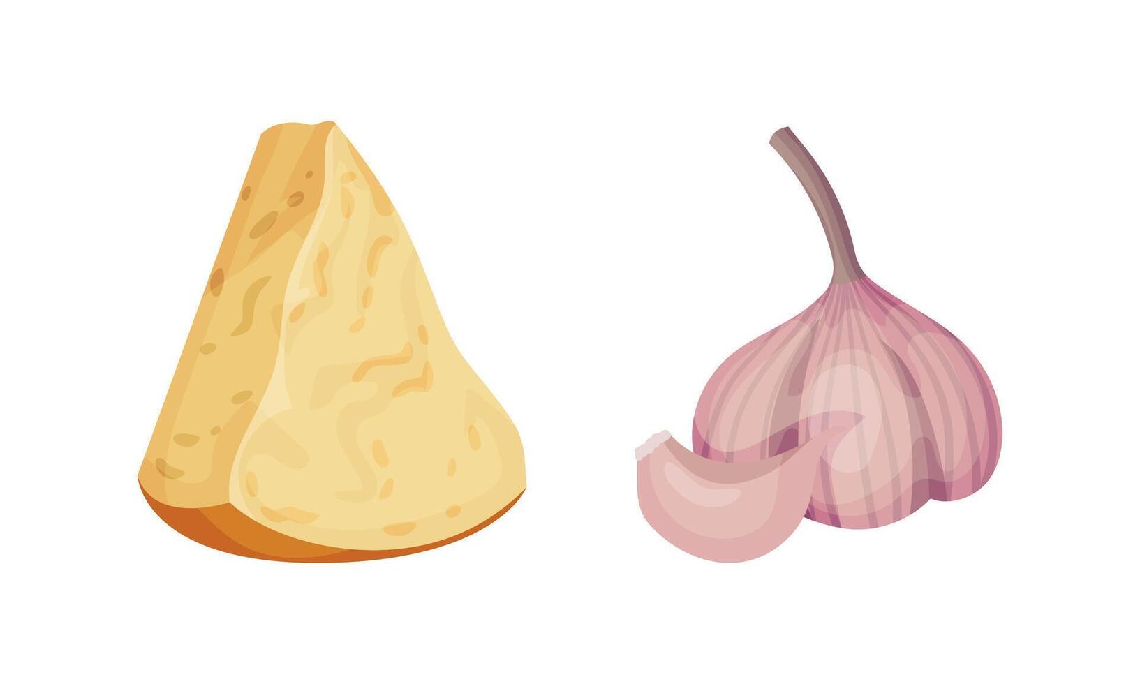 Ingredients for risotto cooking set. Parmesan cheese and garlic illustration vector