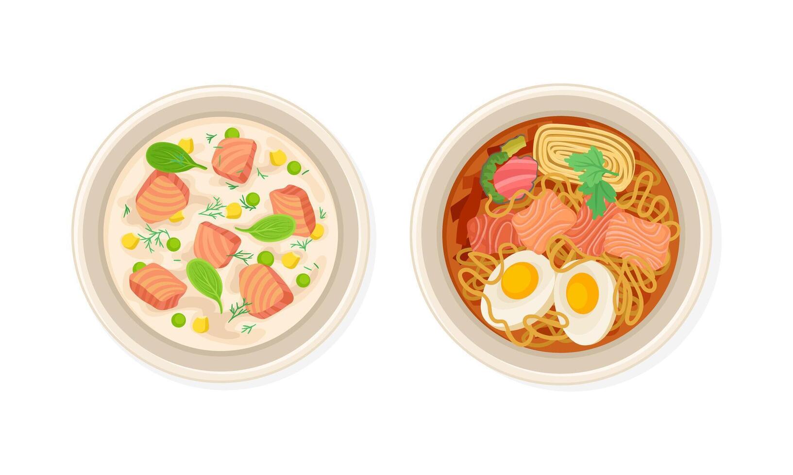 Top view of seafood dishes set. Soup with salmon slices, corn and noodles served on plates illustration vector