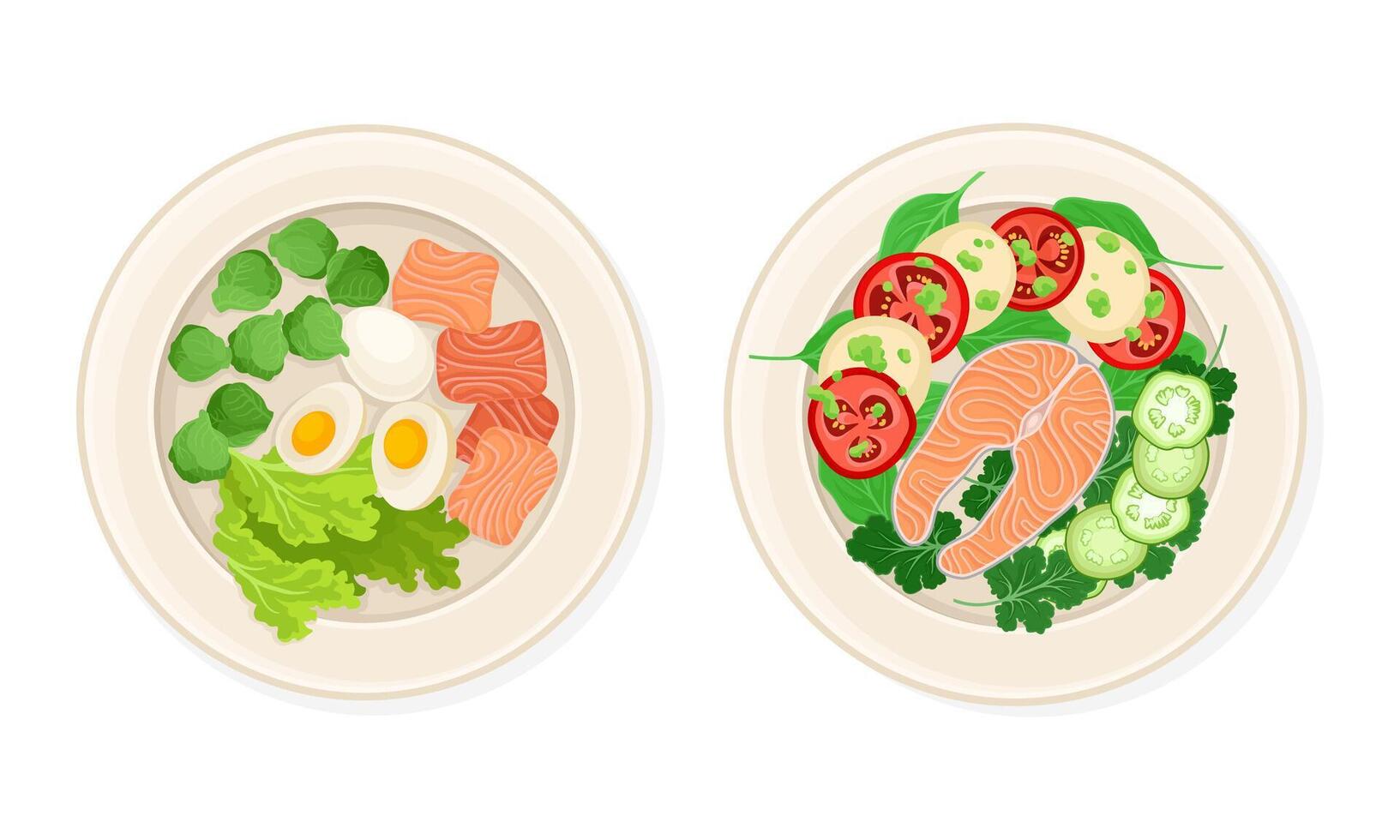 Top view of seafood dishes set. Salmon fish served on plates with vegetables illustration vector