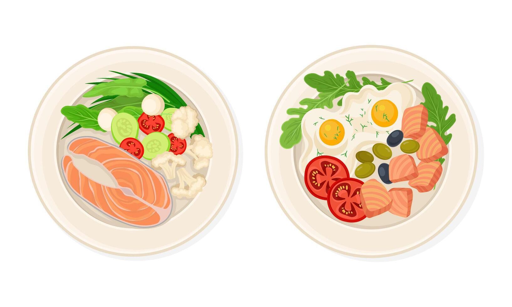 Top view of seafood dishes set. Salmon fish served on plates with vegetables and eggs illustration vector