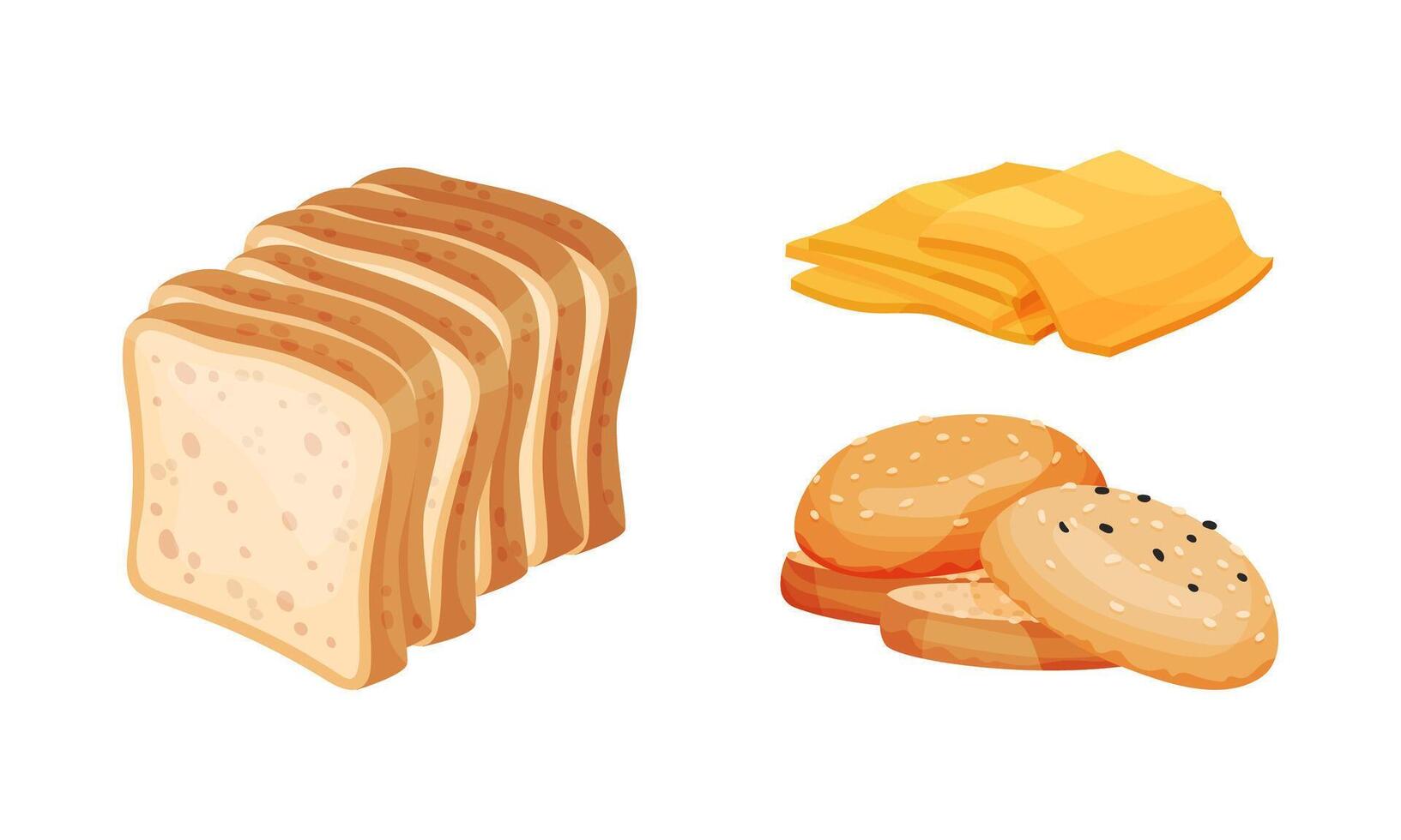 Wheaten toast bread, bun and cheese set. Ingredients for burger and sandwich illustration vector