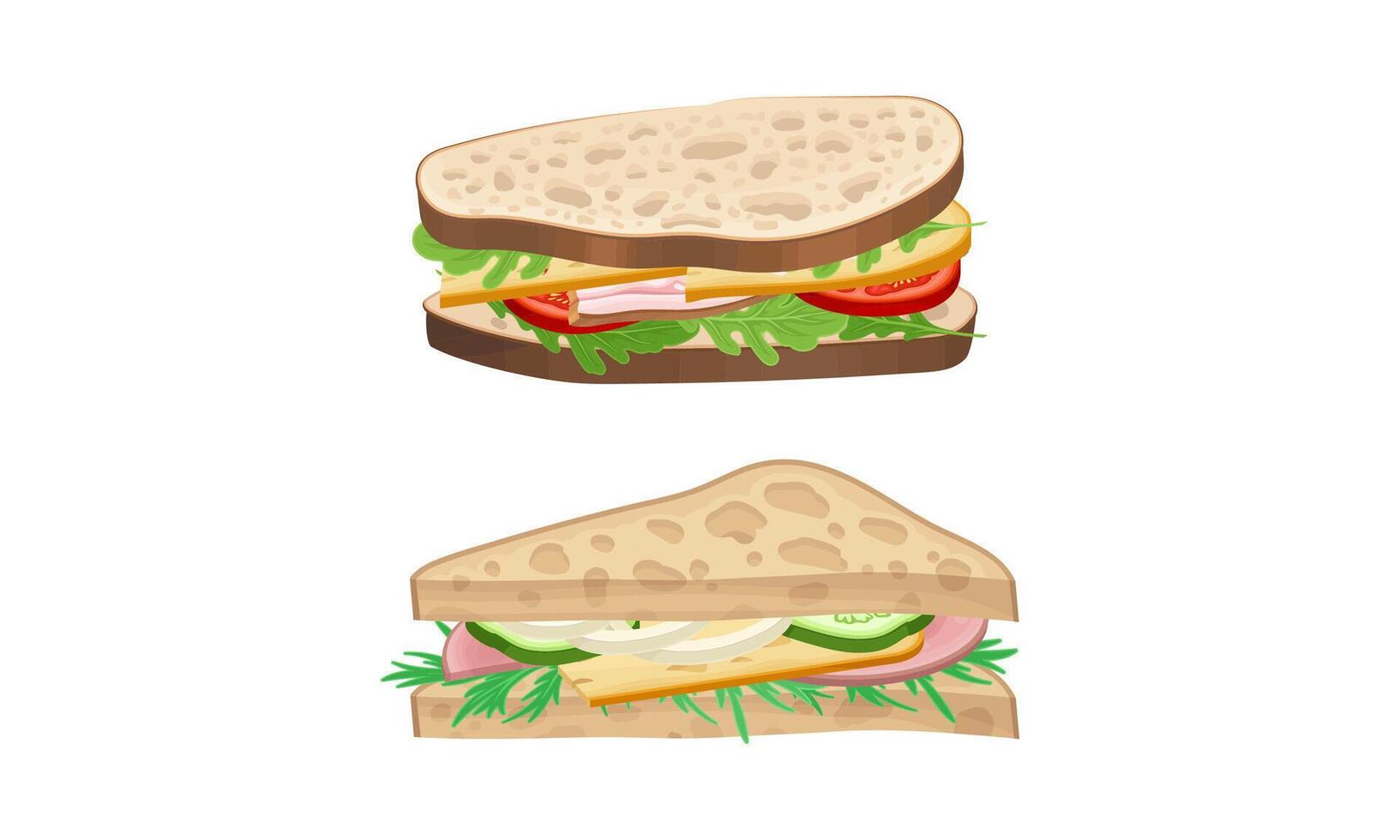 Sandwiches set. Wheaten bread with cheese, bacon and vegetables illustration vector