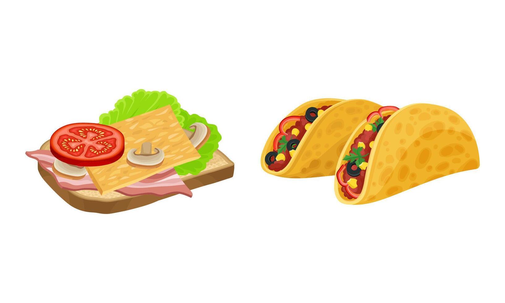 Sandwiches set. Mexican taco and wheaten bread with various ingredients illustration vector